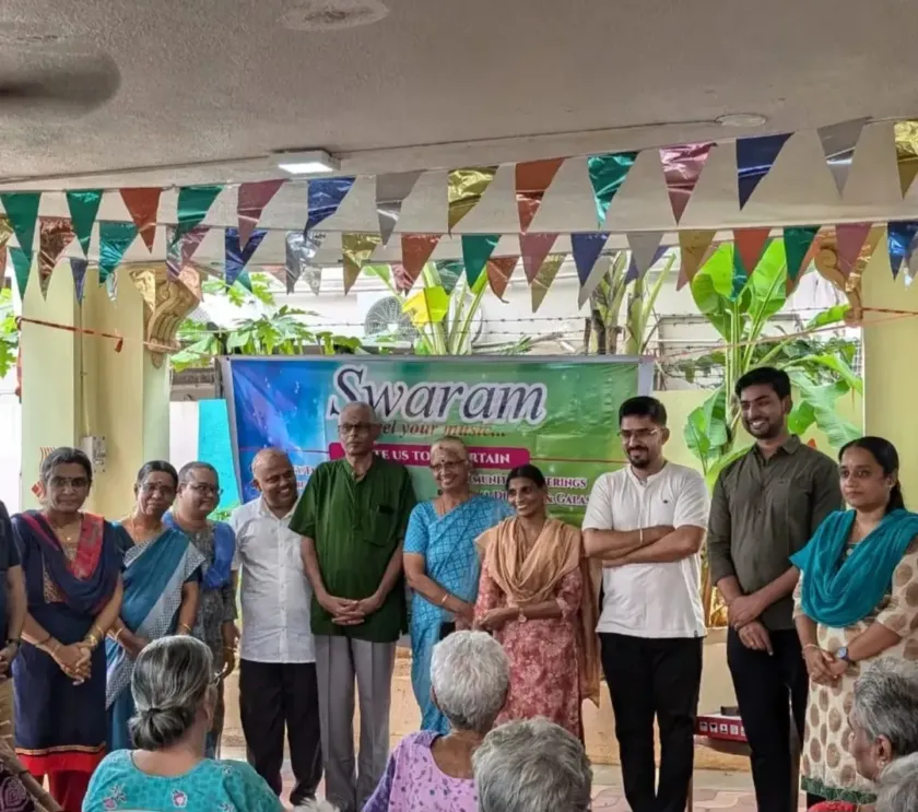 Outdoor group gathering at Swaram Studios function