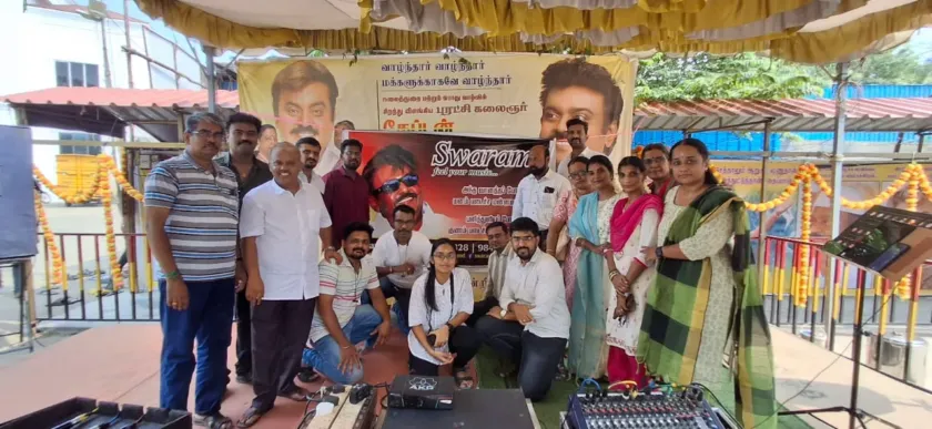 Group photo at Swaram Studios outdoor music event