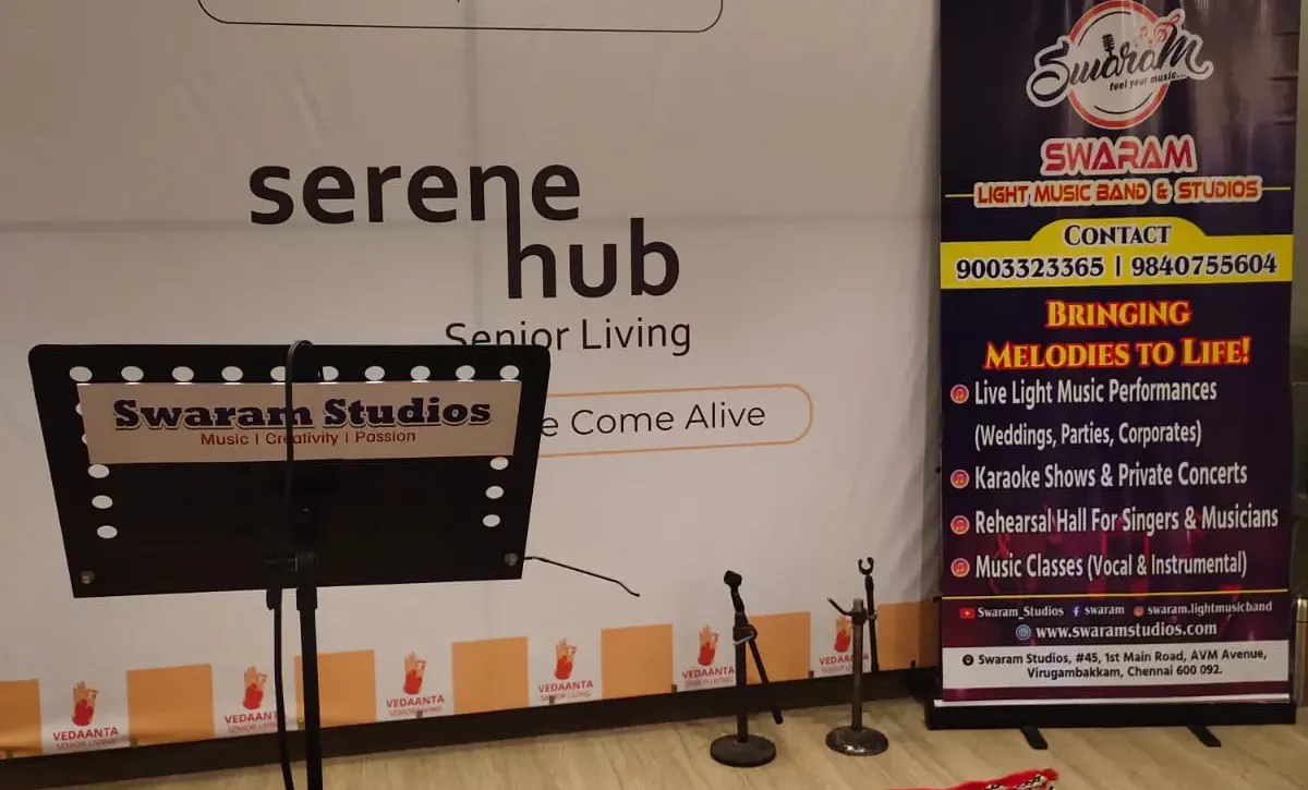 Music setup with microphone stand at indoor event stage