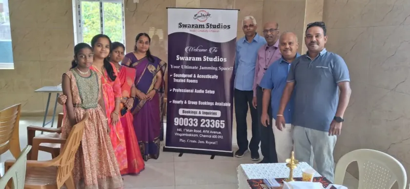 Group photo at Swaram Studios event opening