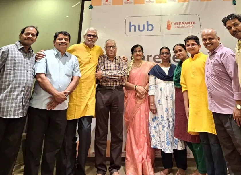 Group photo at Swaram Studios senior citizen event