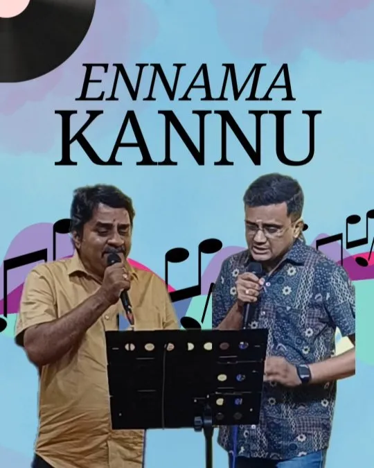 Two male singers performing duet on stage with music theme banner
