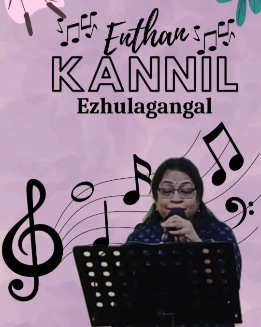 Female singer performing with microphone and music notes background