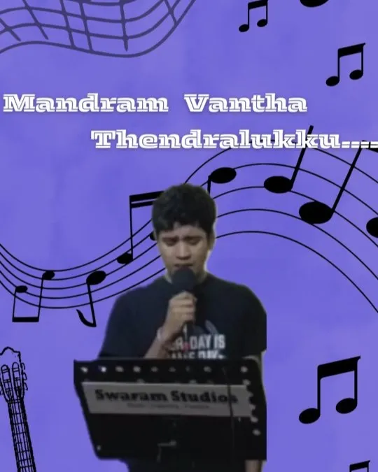 Young male singer performing with microphone and music backdrop