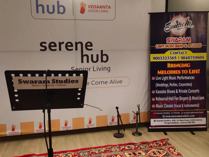 Music setup with microphone stand at indoor event stage Image